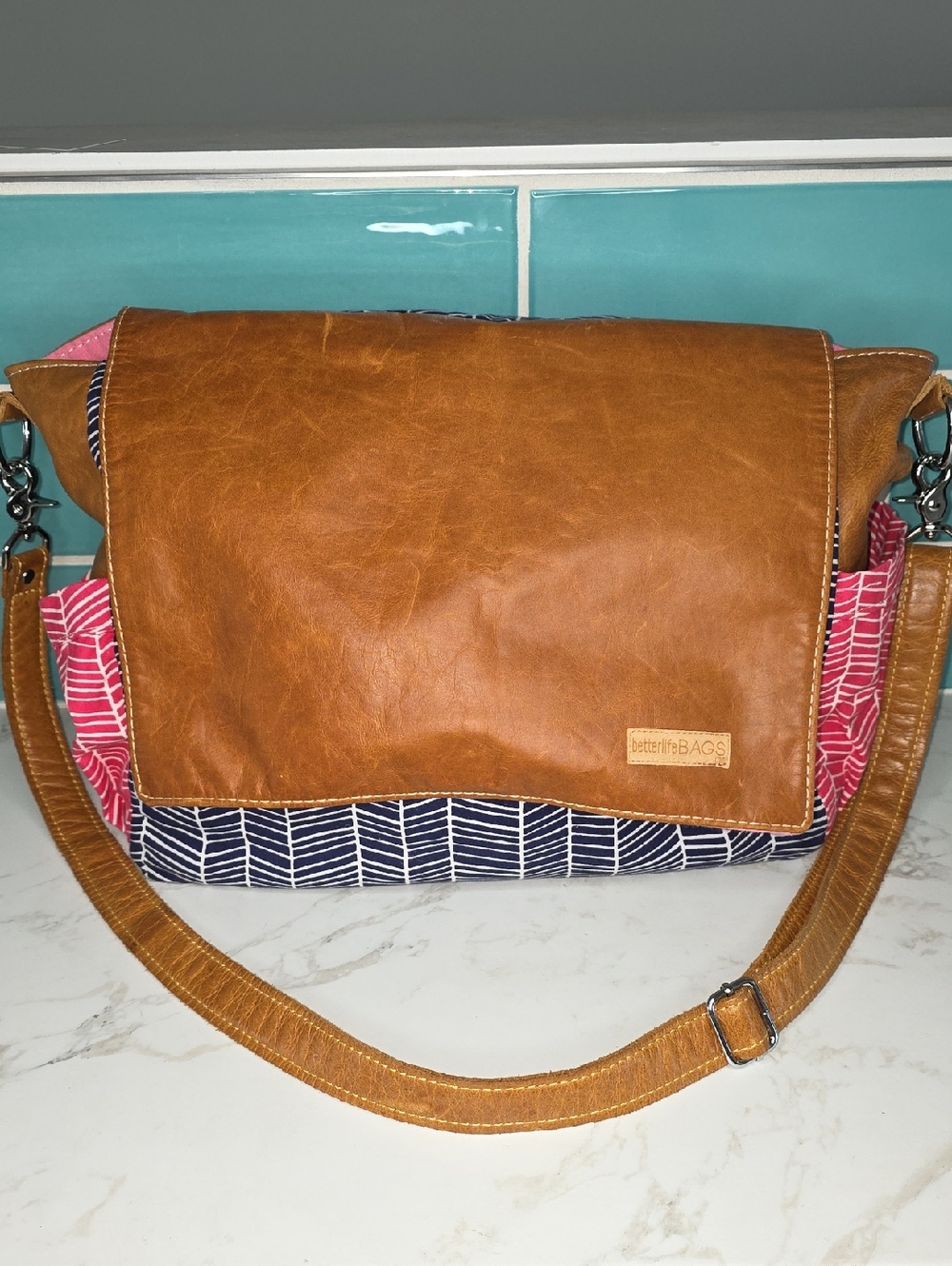 BETTER LIFE BAG "EMILY" Tan Leather-Accent Hobo with Navy & Pink Pattern